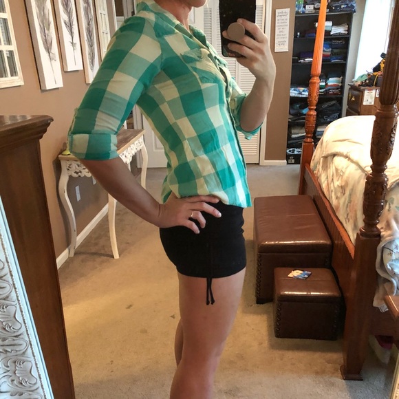Teal/white plaid button down shirt - Picture 1 of 8
